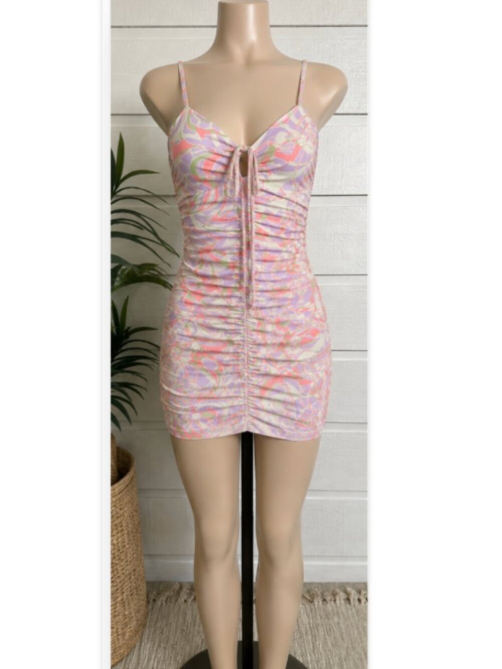 BP. Women's Ruched Tie Front Slipdress Size S - Ivory Multi Roxie Abstract NWT